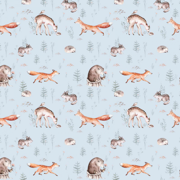GOTS ORGANIC Digital French Terry ~ Waldtiere Fuchs Reh auf Hellblau