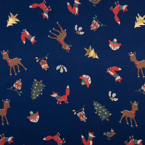 Jersey ~ Foil Print Tannenbaum Fuchs Reh & Eule auf Blau