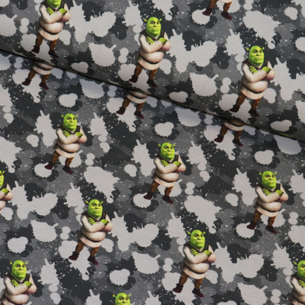 Lizenz French Terry / Sweat ~ Shrek auf Camouflage Grau 0,77 m LETZTES Stück