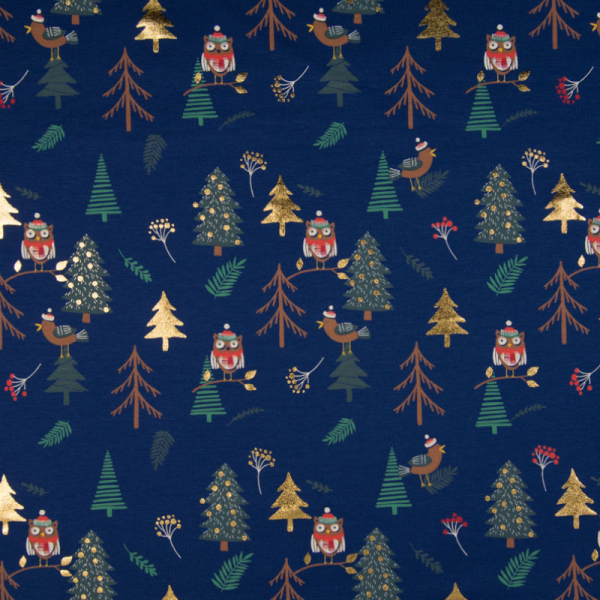 Jersey ~ Foil Print Tannenbaum Eule & Vogel im Wald auf Blau