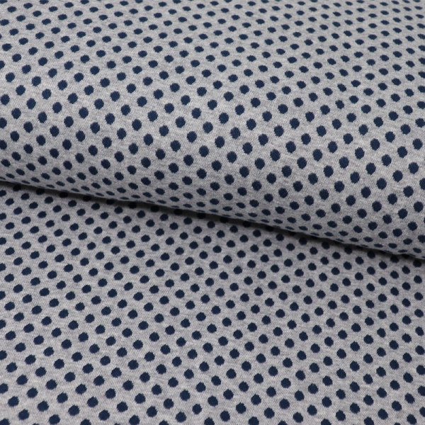 Jacquard Bündchen ~ Punkte Blau auf Hellgrau meliert