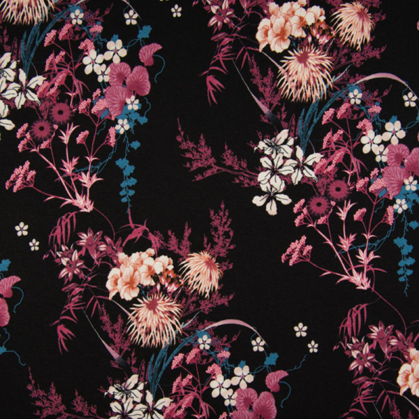 Viskose Jersey ~ Japanische Blumen auf Schwarz