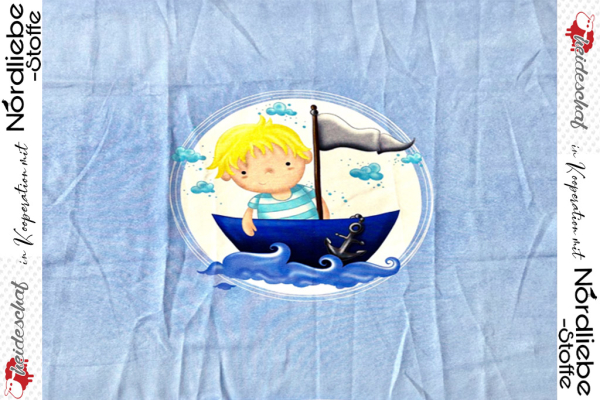 Jersey Panel von Heideschaf ~ Junge blonde Haare im Boot auf Hellblau